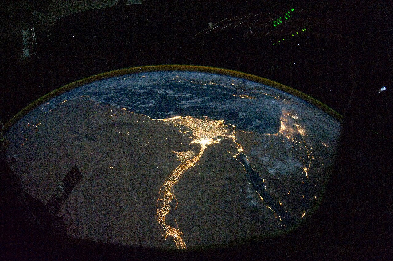 Nile River Delta at night, photographed from the International Space Station.