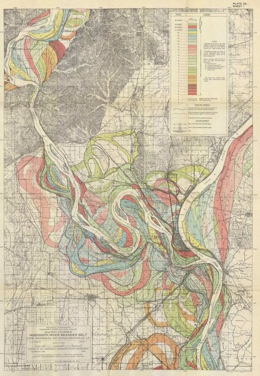 Plate 22 of Harold N. Fisk's Mississippi River Meander Belt, with historical channel courses overlaid in colored bands.