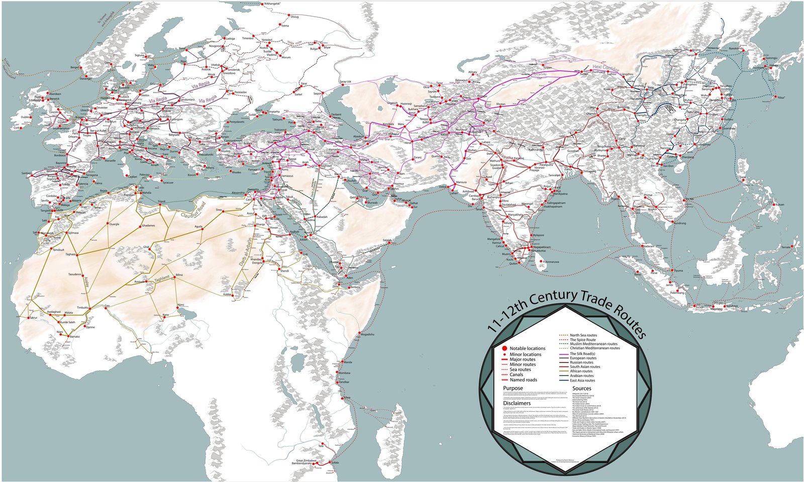 Hand-drawn map of 11th-12th century Eurasian trade routes.